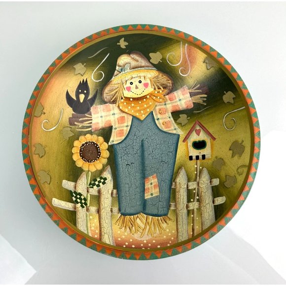 Vintage Scarecrow Bowl Fall Folk Art Crow Farmhouse Hand Painted Wooden Decor - Picture 2 of 16